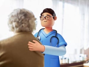 A female patient being comforted by a male healthcare System C character.