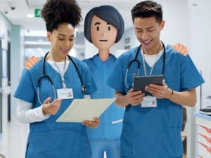 A picture of 2 healthcare workers on an electronic device with a System C healthcare character.