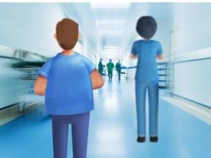 A picture showing 2 healthcare System C characters in a hospital setting.