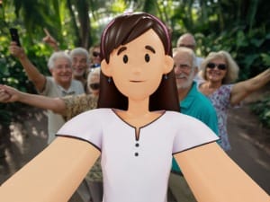 A picture of a System C social care character posing with elderly citizens in the background.
