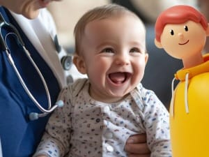 A picture of a baby smiling next to a System C social care character.