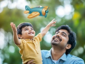 A picture of a System C plane above a child and a father.