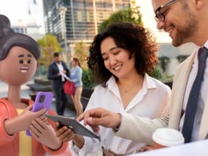 A picture of social workers and a System C character looking at digital devices.