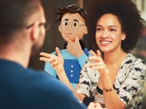 2 social care workers chatting with a System C social care characters.