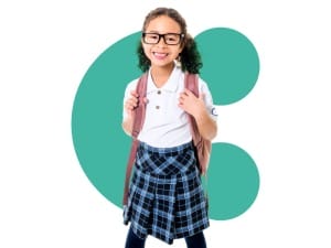 A girl stood in school uniform with the System C logo in the background.