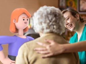 A picture of an adult social worker and a patient with a System C social care character.