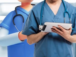 A picture of a male healthcare worker with an electronic device stood next to a System C healthcare character.