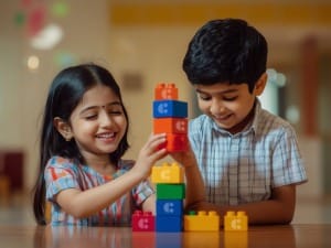 A picture of 2 children stacking System, C blocks.