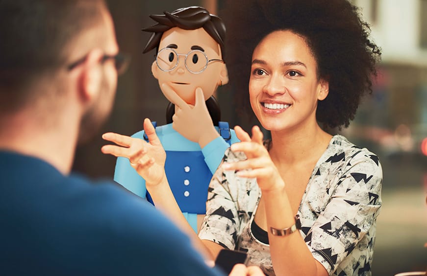 Two Social Care colleagues chatting with a System C character.
