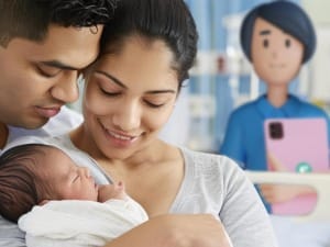 A family caring for a newborn, with a System C nurse character watching over them.