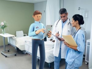 A picture of maternity staff in a hospital setting with a System C healthcare character.