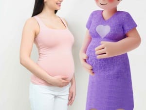 A picture of a pregnant woman stood next to a maternity System C character.