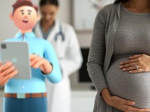 A picture of a pregnant woman with a System C character on an electronic device.