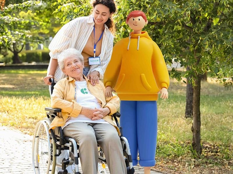 Women in a wheelchair with a System C social care character.