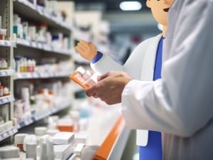 A picture of a system C CareFlow Pharmacy cartoon character stood in a Pharmacy setting.
